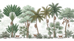 Papier peint panoramique jungle - Singes palmiers cocotiers feuillage tropical fond beige crème et vert sur mesure - Design