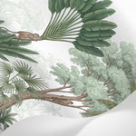 Papier peint panoramique jungle - Singes palmiers cocotiers feuillage tropical fond beige crème et vert sur mesure - Matière