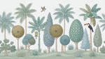 Papier peint panoramique jungle toucan - Forêt tropicale palmiers bananiers oiseaux tons vert sauge et beige crème sur mesure - Design