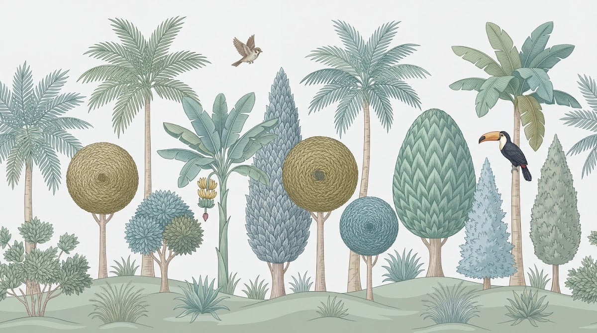 Papier peint panoramique jungle toucan - Forêt tropicale palmiers bananiers oiseaux tons vert sauge et beige crème sur mesure - Design