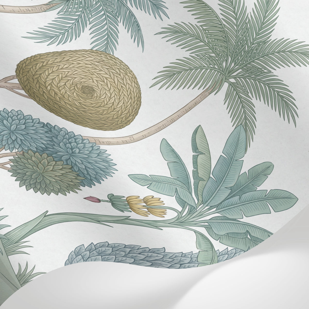Papier peint panoramique jungle toucan - Forêt tropicale palmiers bananiers oiseaux tons vert sauge et beige crème sur mesure - Matière