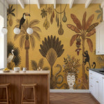 papier peint panoramique jungle toucan serpent singe flamant palmiers bananiers -1