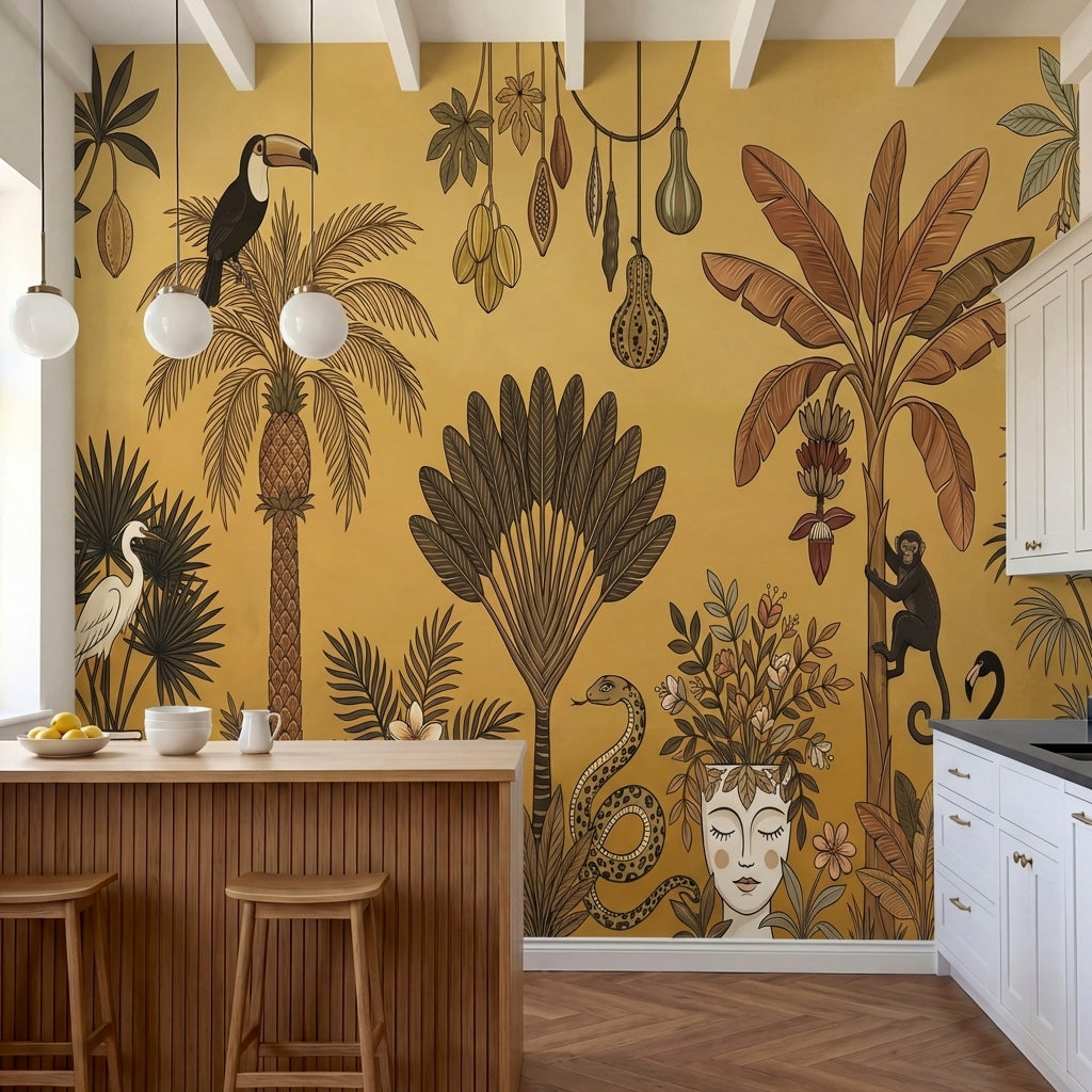 papier peint panoramique jungle toucan serpent singe flamant palmiers bananiers -1