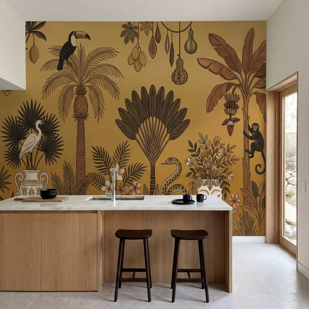 papier peint panoramique jungle toucan serpent singe flamant palmiers bananiers -2