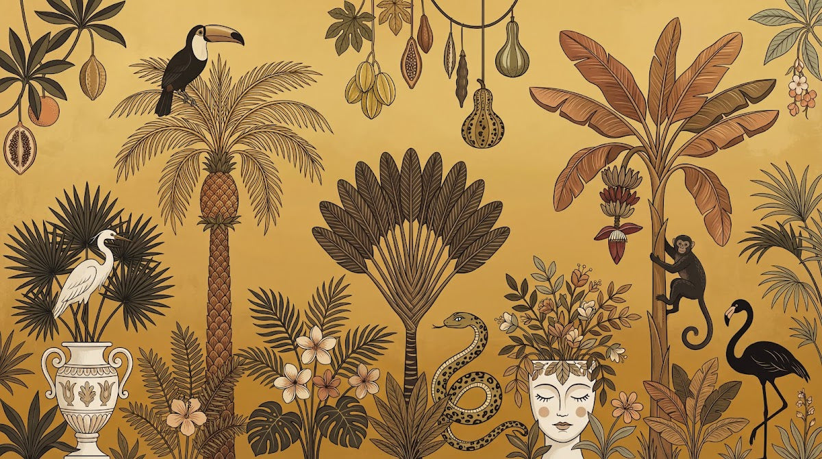 Papier peint panoramique jungle - Toucan serpent singe flamant palmiers bananiers fond ocre doré et brun sur mesure - Design