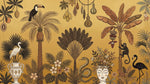 Papier peint panoramique jungle - Toucan serpent singe flamant palmiers bananiers fond ocre doré et brun sur mesure - Design