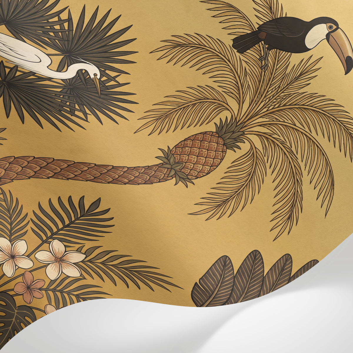 Papier peint panoramique jungle - Toucan serpent singe flamant palmiers bananiers fond ocre doré et brun sur mesure - Matière