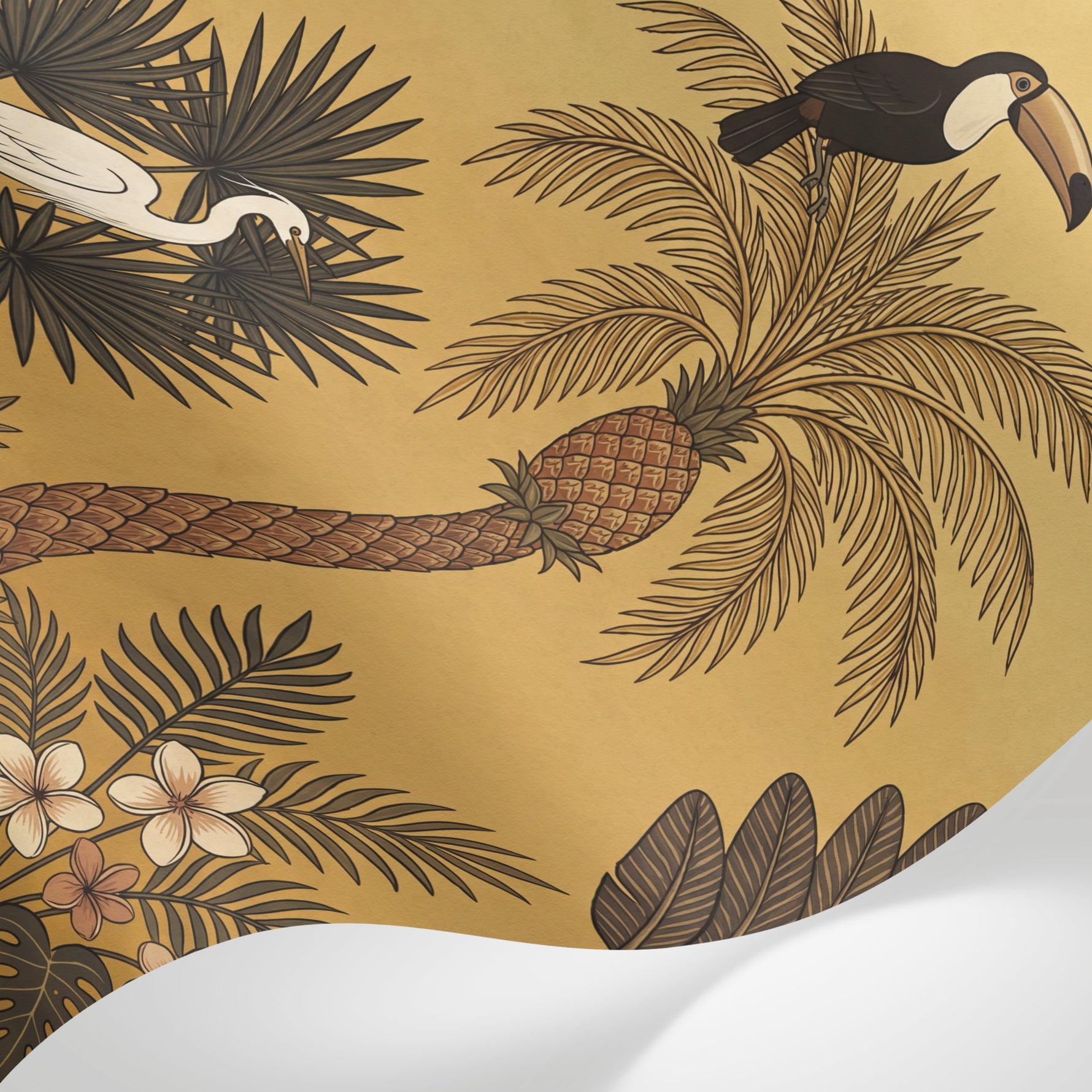 Papier peint panoramique jungle - Toucan serpent singe flamant palmiers bananiers fond ocre doré et brun sur mesure - Matière