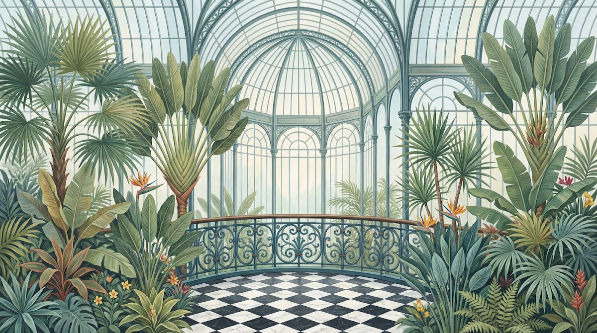 Papier peint panoramique jungle - Verrière palmiers bananiers feuillage tropical fond blanc cassé et vert sur mesure - Design