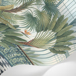 Papier peint panoramique jungle - Verrière palmiers bananiers feuillage tropical fond blanc cassé et vert sur mesure - Matière