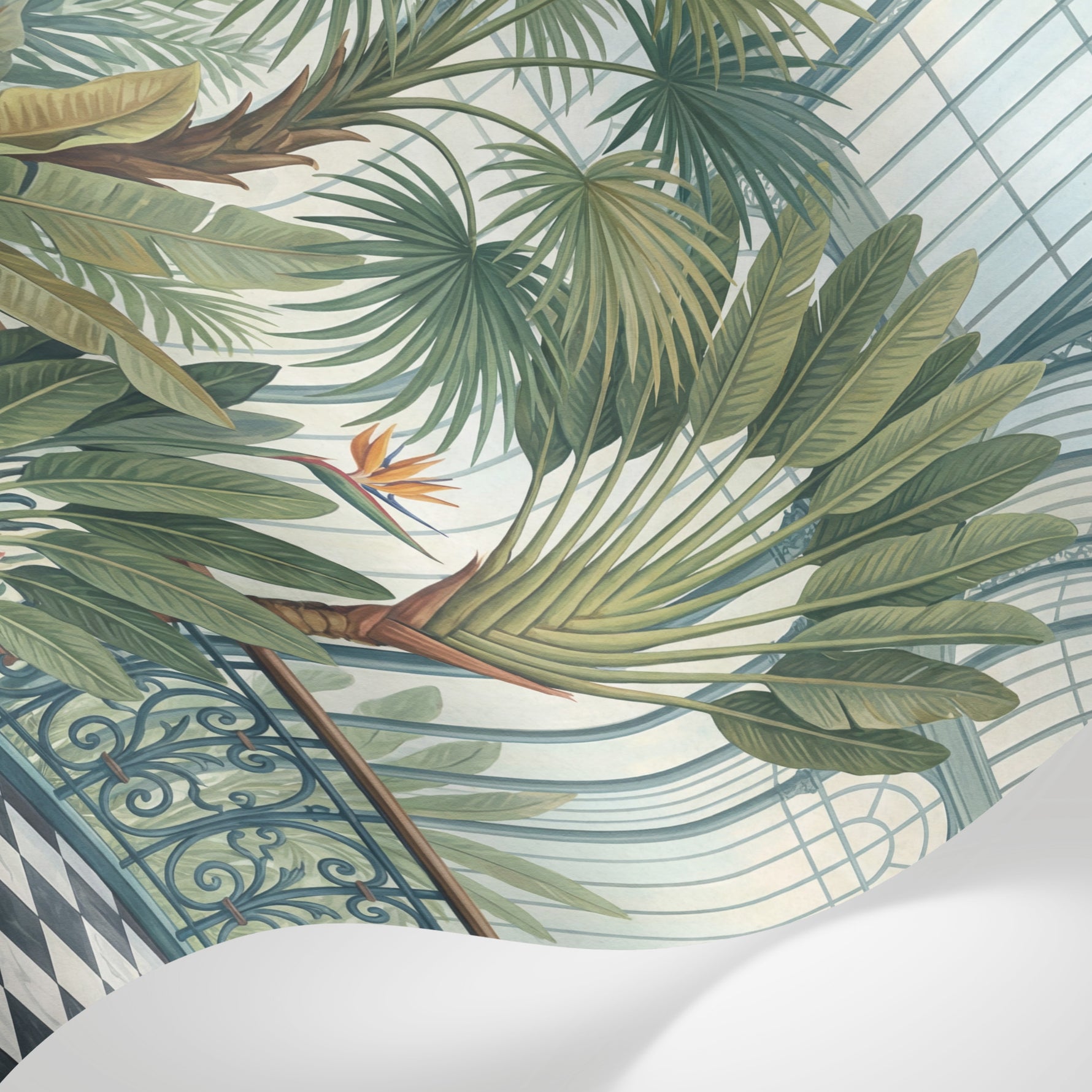 Papier peint panoramique jungle - Verrière palmiers bananiers feuillage tropical fond blanc cassé et vert sur mesure - Matière