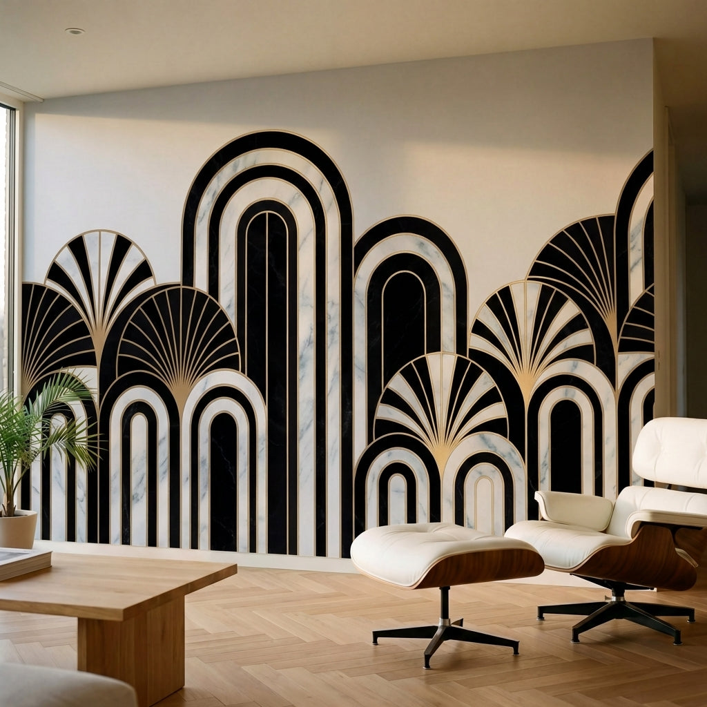 papier peint panoramique marbre arches art deco dorees motifs eventails fond bla-1