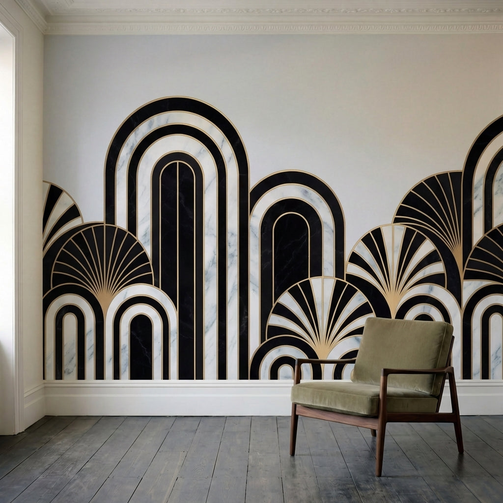 papier peint panoramique marbre arches art deco dorees motifs eventails fond bla-2