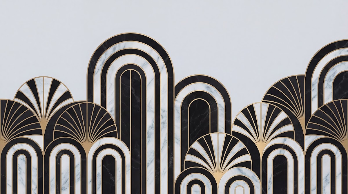 Papier peint panoramique marbre - Arches art déco dorées motifs éventails fond blanc veiné sur mesure - Design