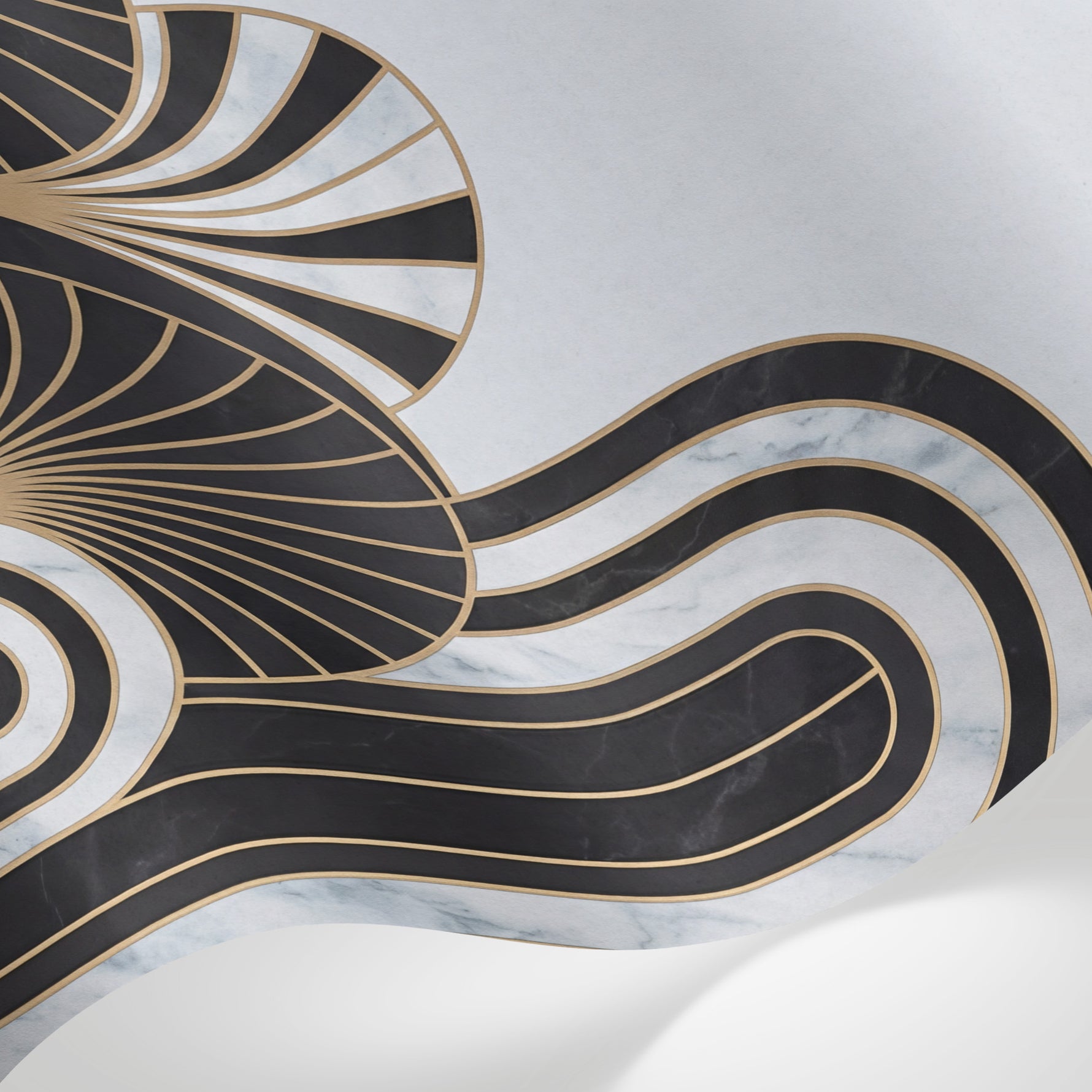 Papier peint panoramique marbre - Arches art déco dorées motifs éventails fond blanc veiné sur mesure - Matière