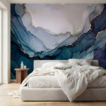 papier peint panoramique marbre veines fluides ondulations organiques tons bleu -2