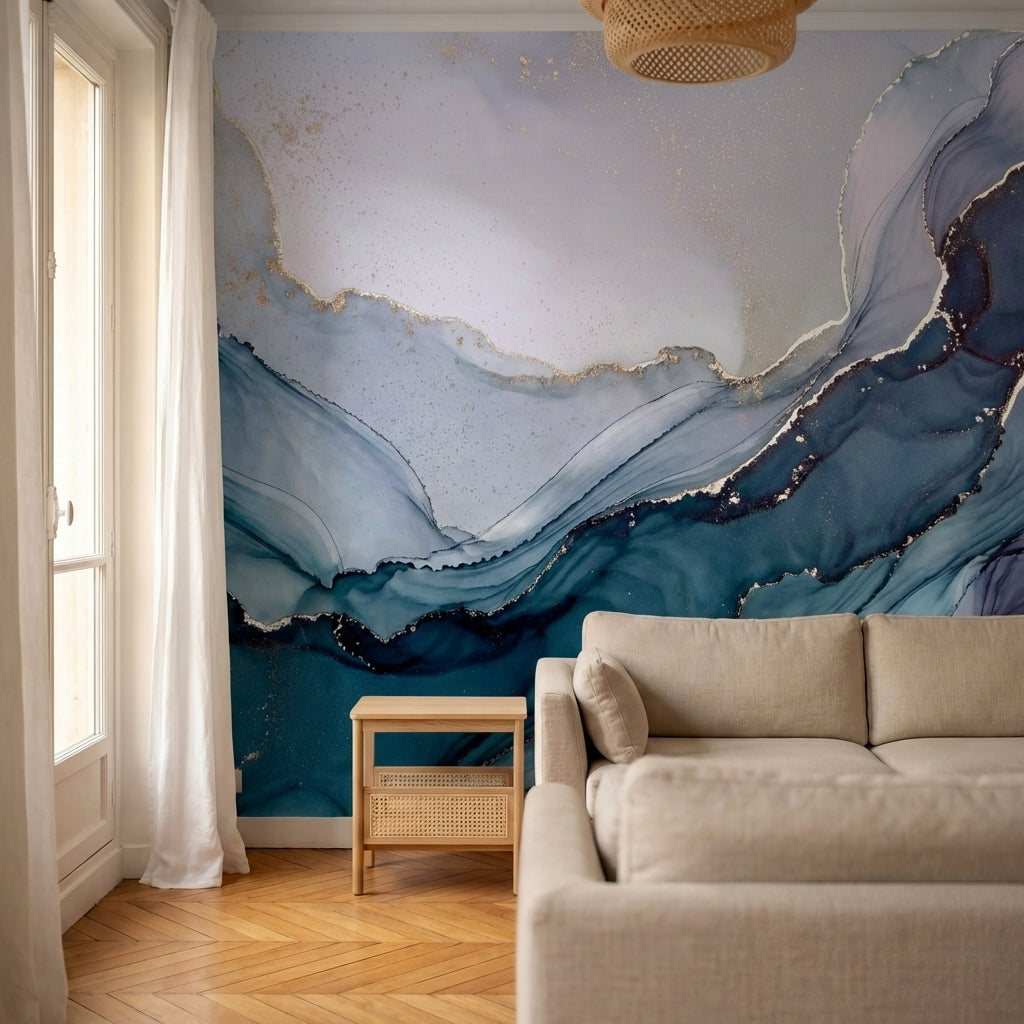 papier peint panoramique marbre veines fluides ondulations organiques tons bleu -7
