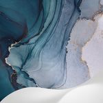 Papier peint panoramique marbre - Veines fluides ondulations organiques tons bleu canard et blanc nacré sur mesure - Matière