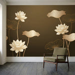 papier peint panoramique moderne lotus nenuphars feuilles stylisees fond beige d-2