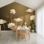 papier peint panoramique moderne lotus nenuphars feuilles stylisees fond beige d-7