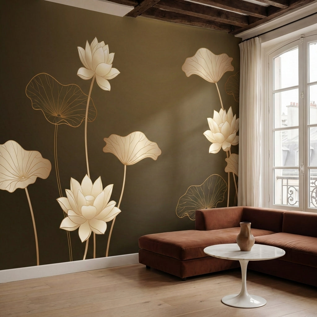 papier peint panoramique moderne lotus nenuphars feuilles stylisees fond beige d-HERO-10