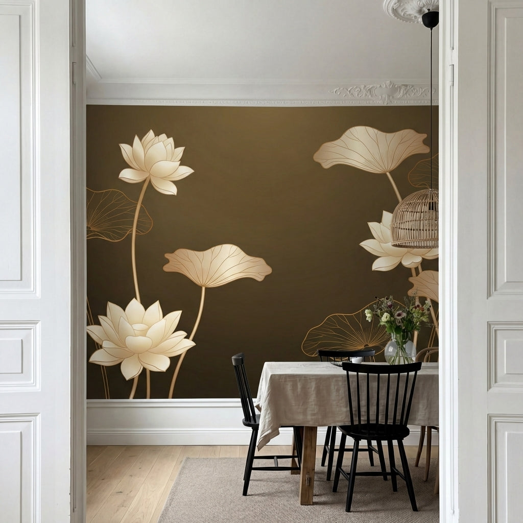 papier peint panoramique moderne lotus nenuphars feuilles stylisees fond beige d-VARIANTE-10