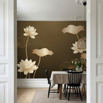 papier peint panoramique moderne lotus nenuphars feuilles stylisees fond beige d-VARIANTE-10