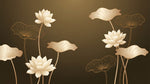 Papier peint panoramique feuillage - Lotus nénuphars feuilles stylisées fond beige doré et marron sur mesure - Design
