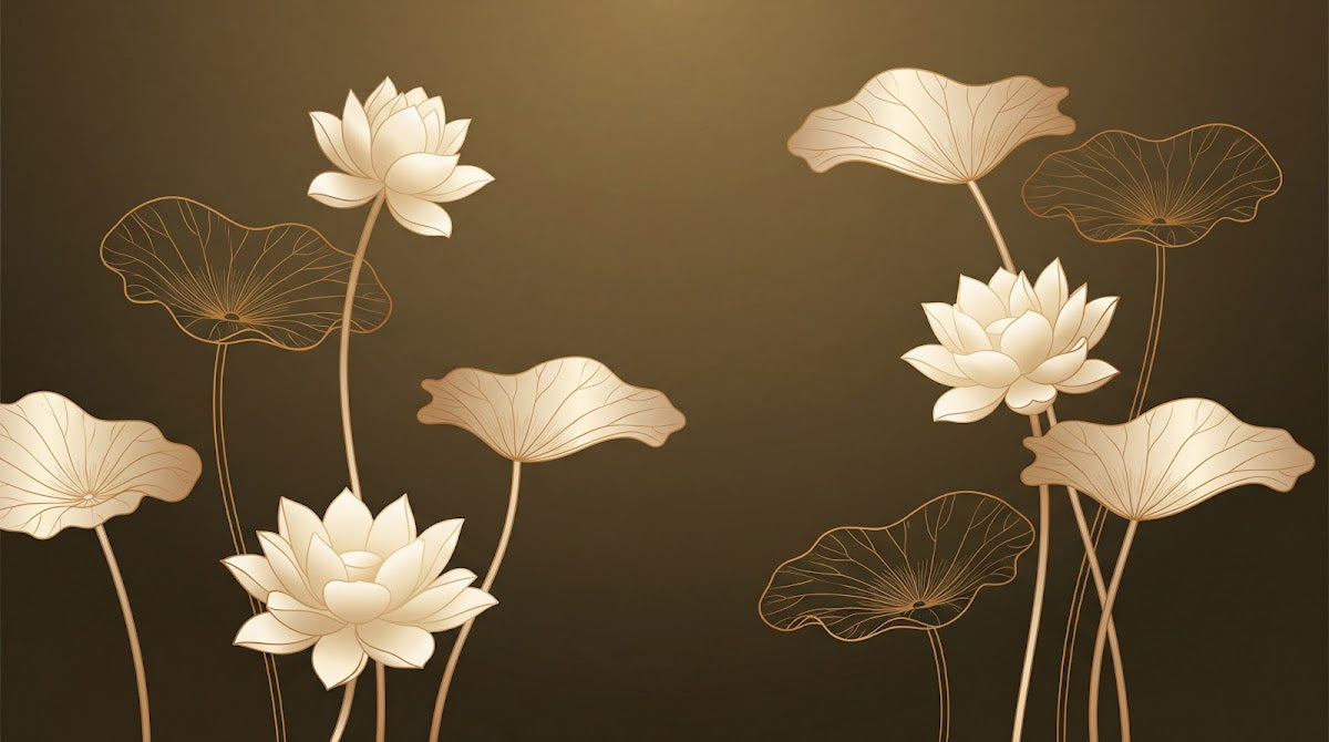 Papier peint panoramique feuillage - Lotus nénuphars feuilles stylisées fond beige doré et marron sur mesure - Design