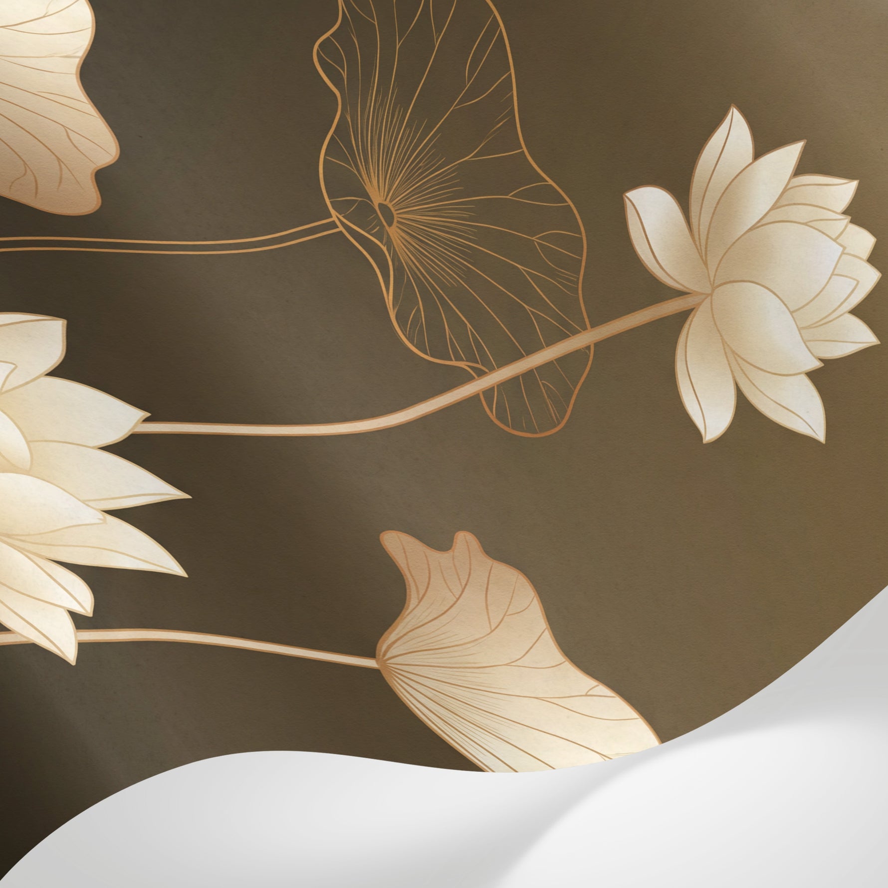 Papier peint panoramique feuillage - Lotus nénuphars feuilles stylisées fond beige doré et marron sur mesure - Matière