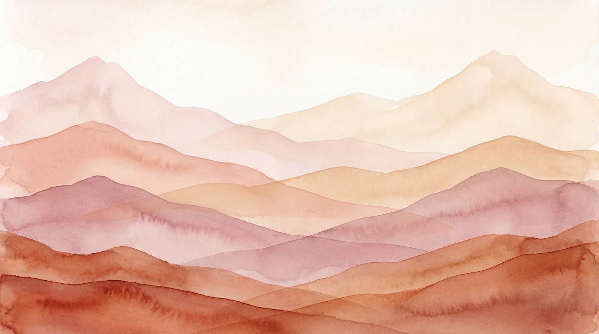 Papier peint panoramique montagne - Montagnes stylisées couches superposées tons beige rosé et brun orangé sur mesure - Design