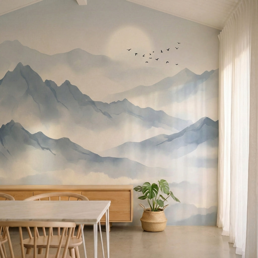 papier peint panoramique montagne sommets brumeux nuages bas oiseaux migrateurs -1