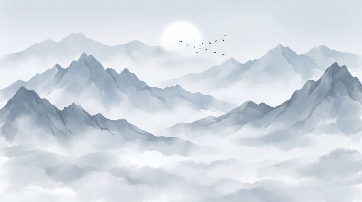 Papier peint panoramique montagne - Sommets brumeux nuages bas oiseaux migrateurs tons gris bleu et blanc sur mesure - Design