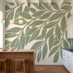 papier peint panoramique nature branchages feuillage stylise ondulant tons vert -1
