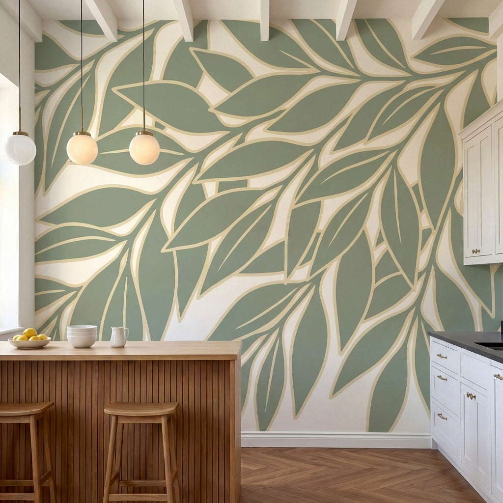 papier peint panoramique nature branchages feuillage stylise ondulant tons vert -1