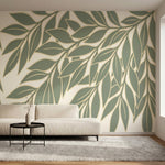 papier peint panoramique nature branchages feuillage stylise ondulant tons vert -2