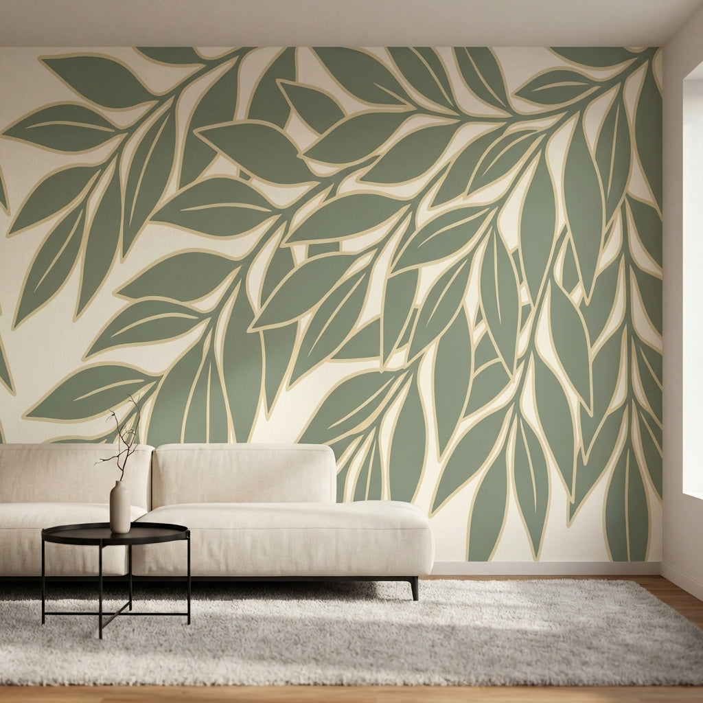 papier peint panoramique nature branchages feuillage stylise ondulant tons vert -2