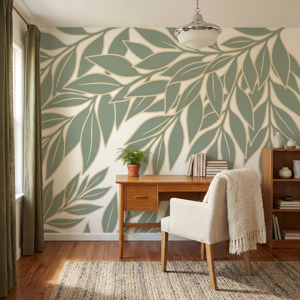 papier peint panoramique nature branchages feuillage stylise ondulant tons vert -VARIANTE-9