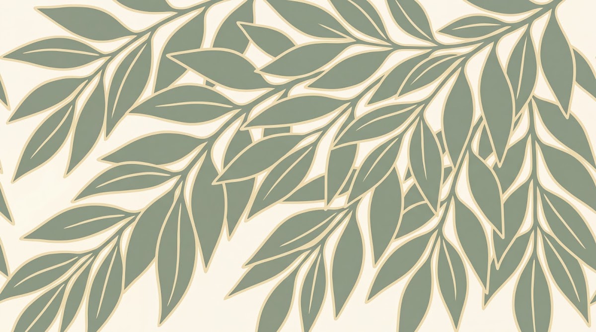 Papier peint panoramique nature - Branchages feuillage stylisé ondulant tons vert sauge et beige crème sur mesure - Design