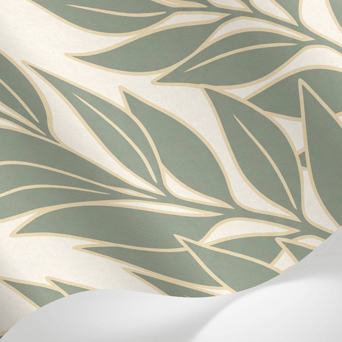 Papier peint panoramique nature - Branchages feuillage stylisé ondulant tons vert sauge et beige crème sur mesure - Matière