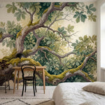 papier peint panoramique nature branches mousses feuillage palme tons vert sauge-1
