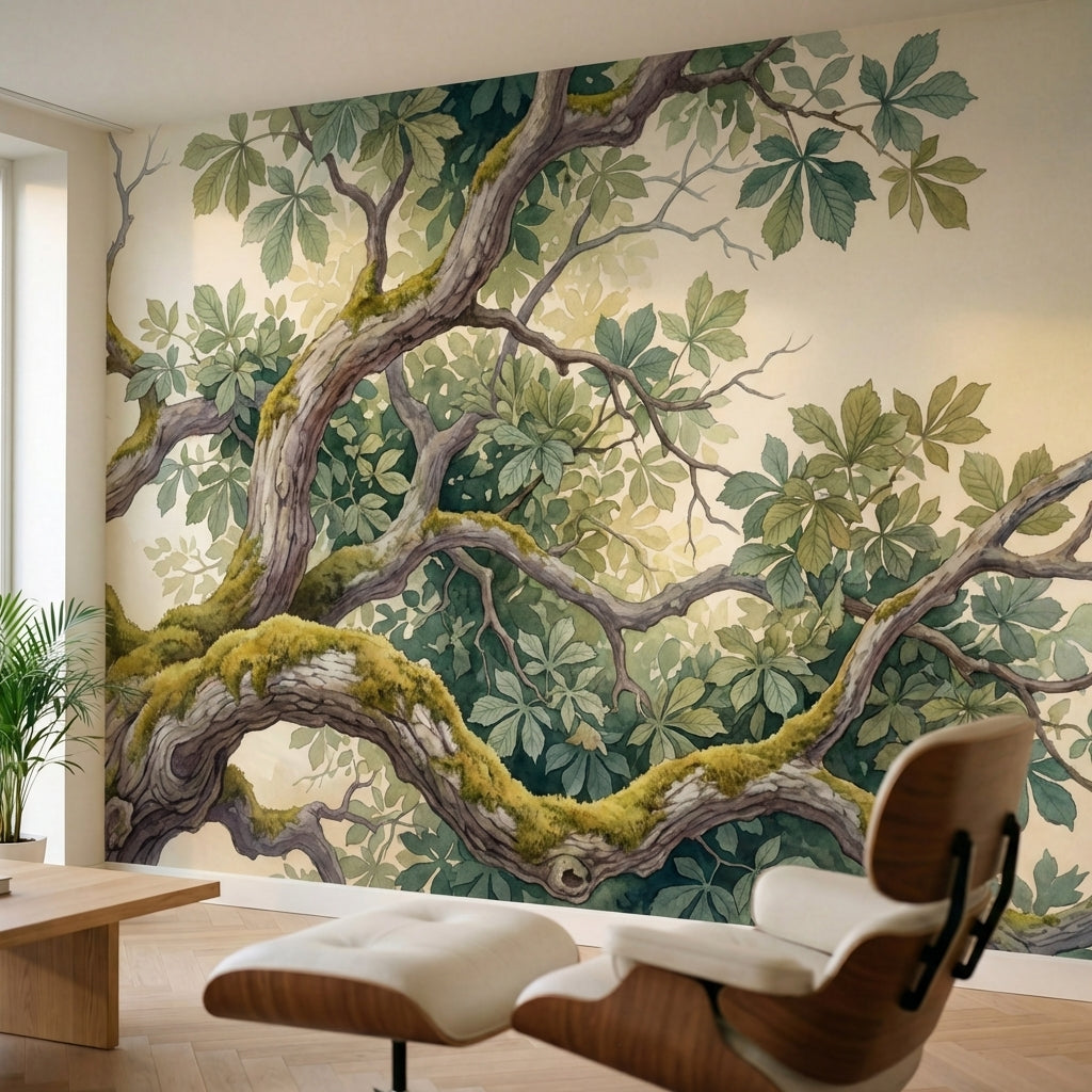 papier peint panoramique nature branches mousses feuillage palme tons vert sauge-2