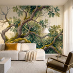 papier peint panoramique nature branches mousses feuillage palme tons vert sauge-6