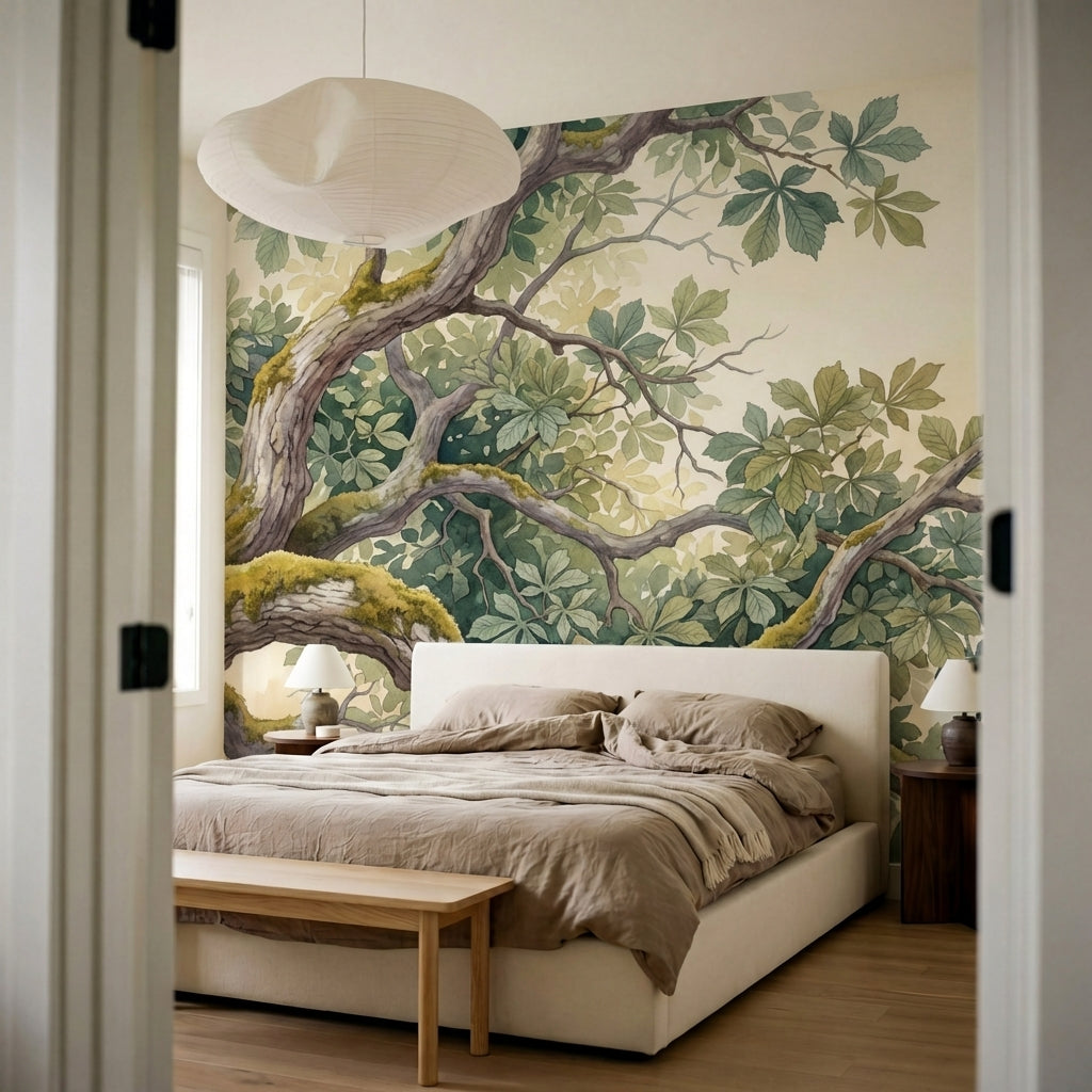 papier peint panoramique nature branches mousses feuillage palme tons vert sauge-8