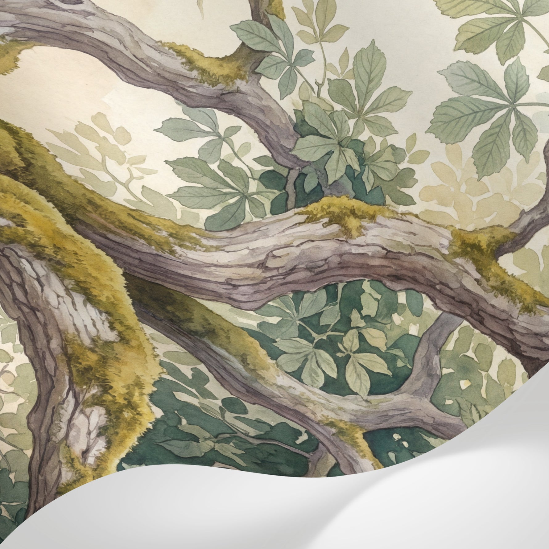 Papier peint panoramique nature - Branches mousses feuillage palmé tons vert sauge beige et brun sur mesure - Matière