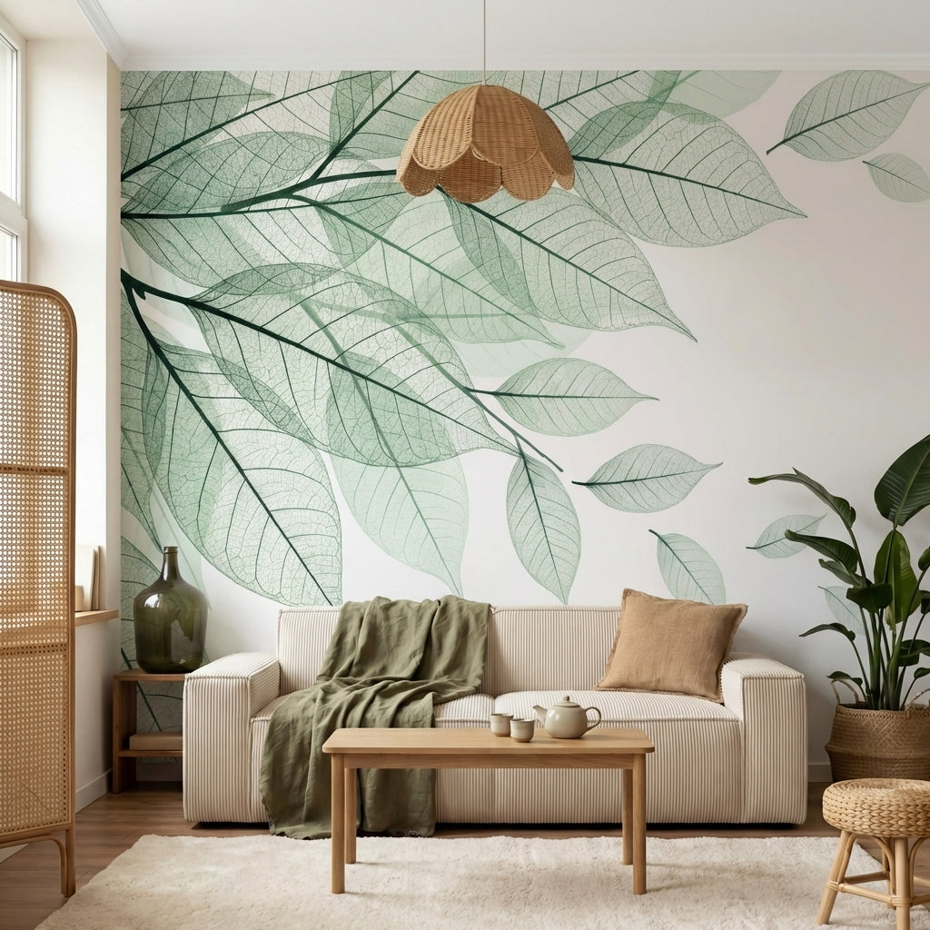 papier peint panoramique nature feuillages transparents nervures delicates tons -7