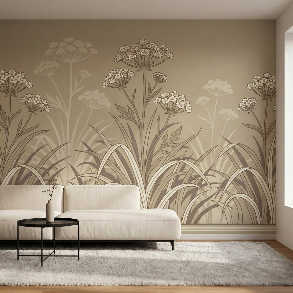 papier peint panoramique nature fleurs sauvages ombelliferes graminees fond beig-4
