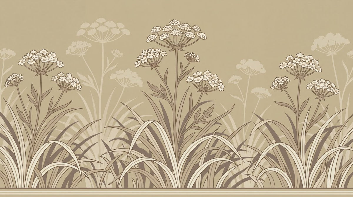 Papier peint panoramique nature - Fleurs sauvages ombellifères graminées fond beige naturel sur mesure - Design