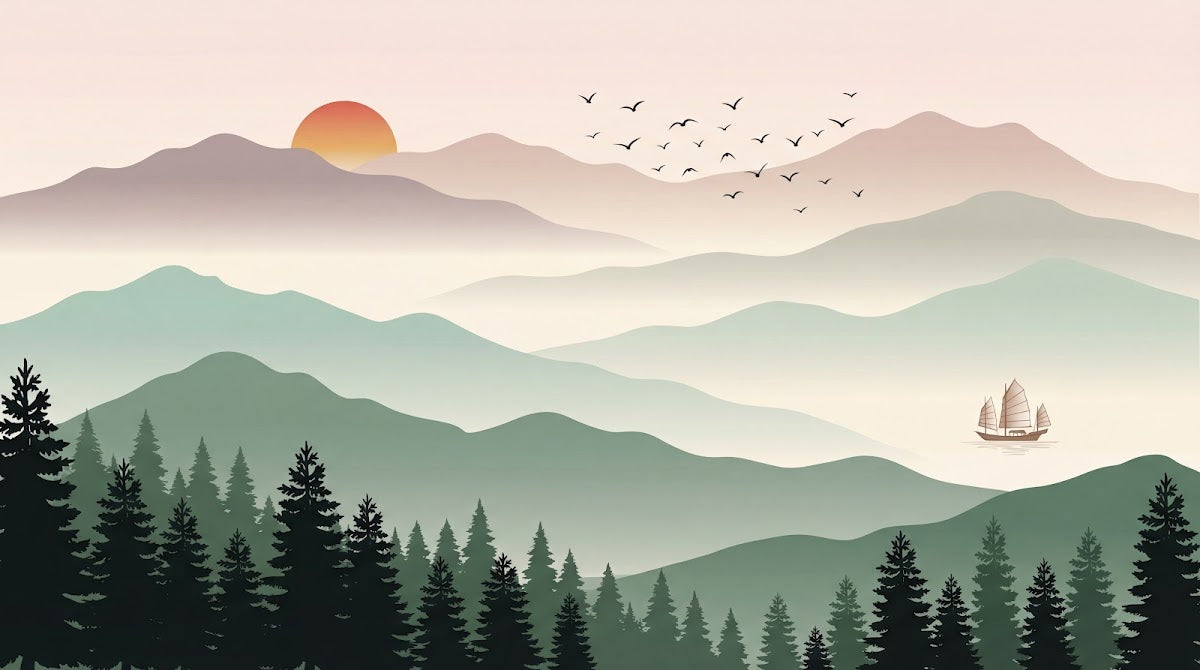 Papier peint panoramique nature - Montagnes brume matinale sapins oiseaux migrateurs tons vert sauge et rose poudré sur mesure - Design