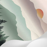Papier peint panoramique nature - Montagnes brume matinale sapins oiseaux migrateurs tons vert sauge et rose poudré sur mesure - Matière